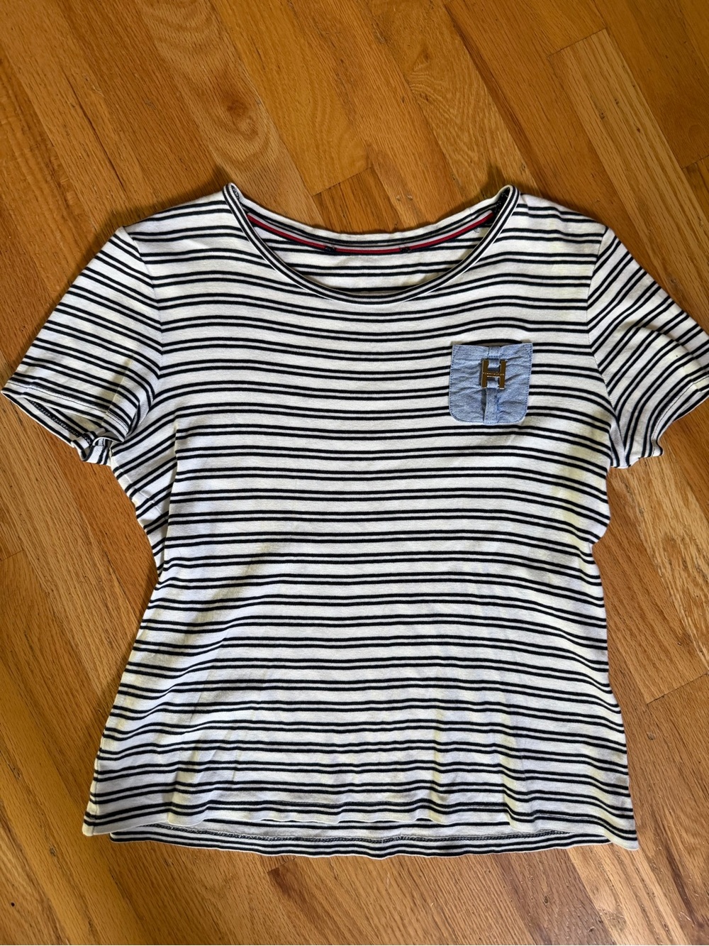 Tommy Hilfiger 100% Cotton White and Blue Striped Short Sleeve Tee